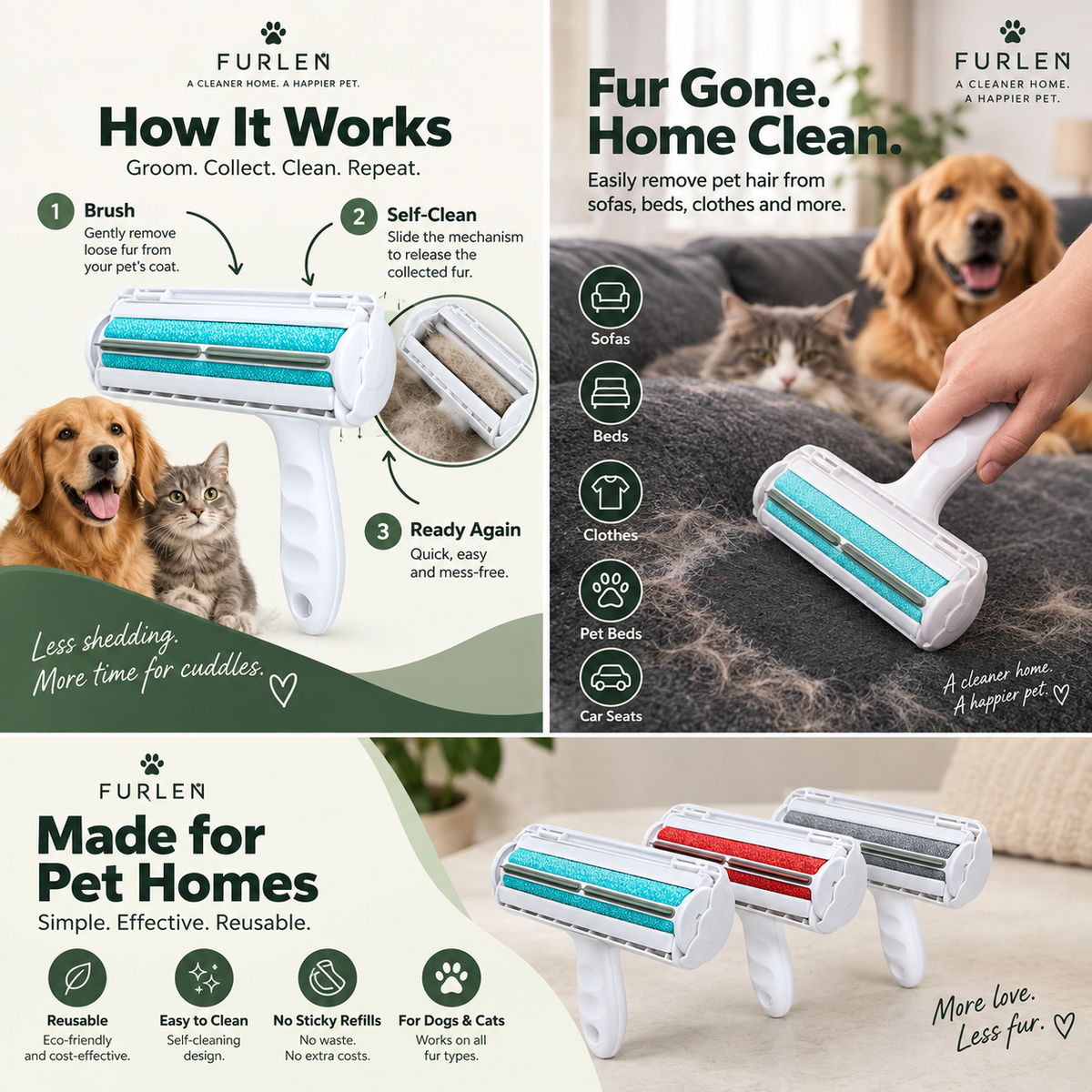 How the Furlen self-cleaning grooming brush works